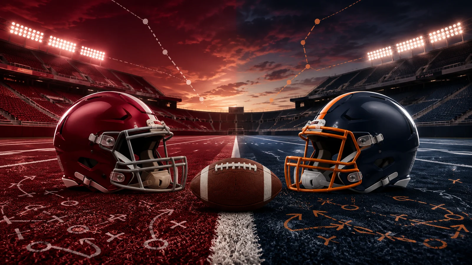 Crimson and navy-and-orange football helmets facing at midfield in an empty stadium