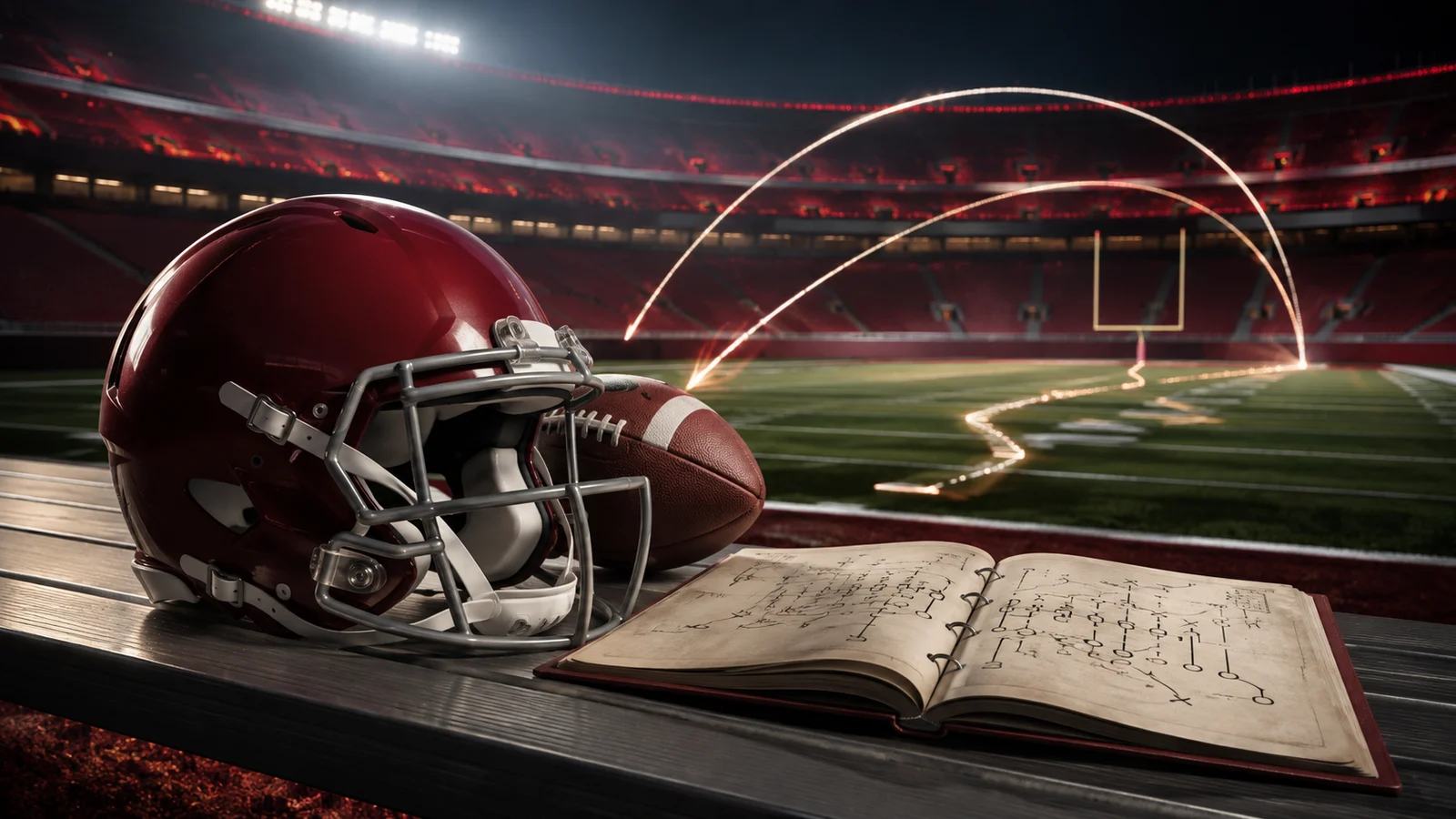 Illustrated Alabama quarterback wearing a crimson number 12 uniform in a stadium